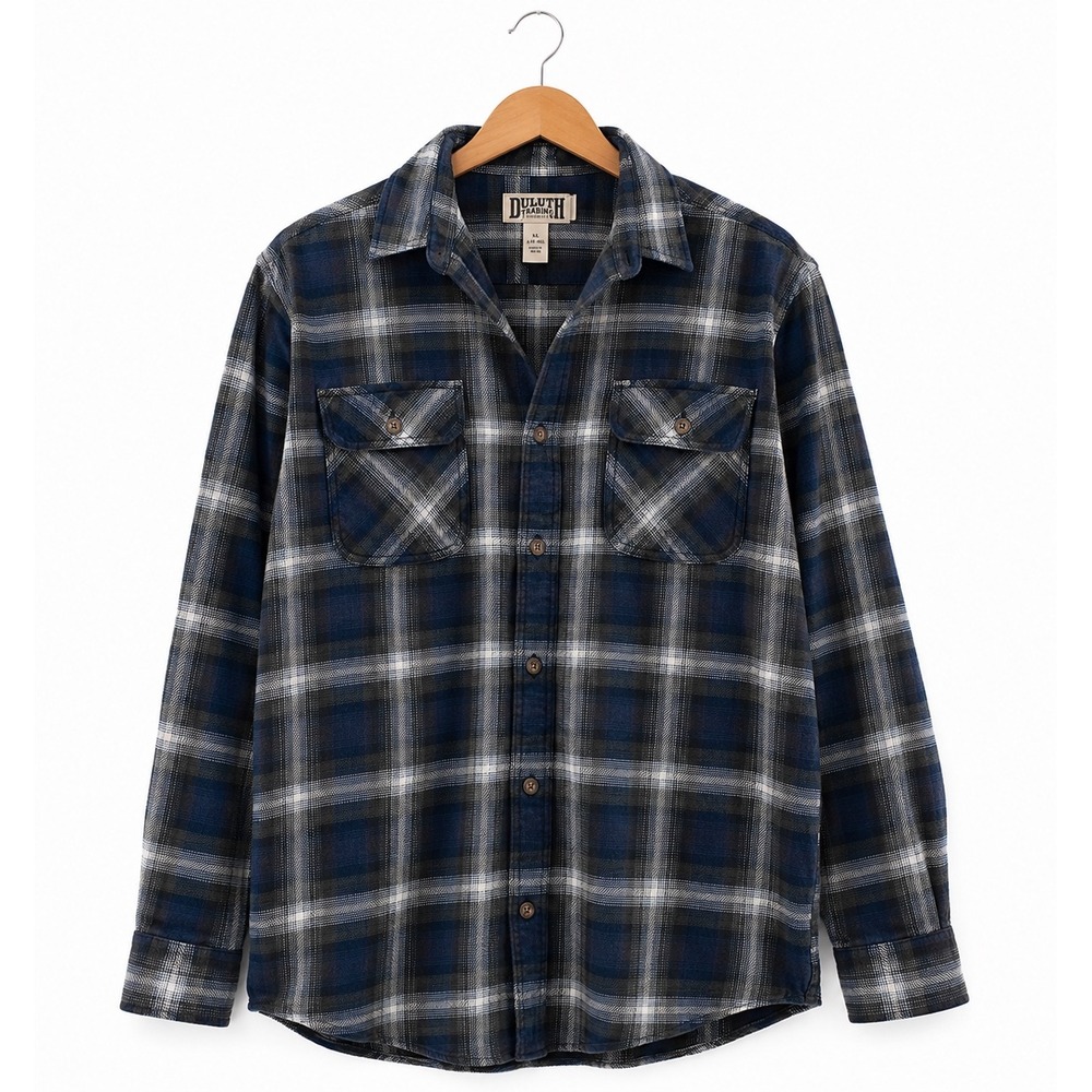Duluth Trading Co Men's XL Trim Fit Flannel Button Down Shirt Blue Plaid Cotton